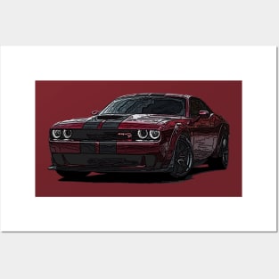 Inferno Blaze: RED Dodge Challenger Fiery Full Body Highly Posterize Car Design Posters and Art